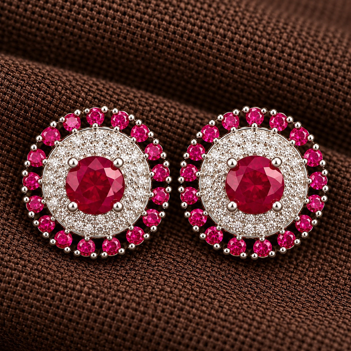 Detailed close-up of the Regent Medallion Studs in Raspberry pink , revealing the faceted centre stone, finely arranged clear zircons, and surrounding ruby red gemstones.