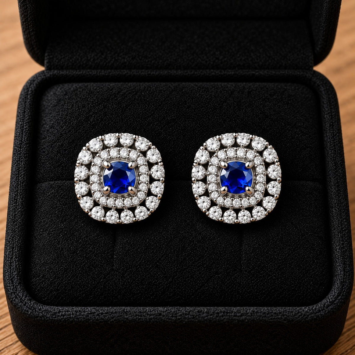 Close-up of silver-tone cushion-shaped stud earrings featuring deep sapphire blue faceted centre stones and intricate double-halo zircon detailing.