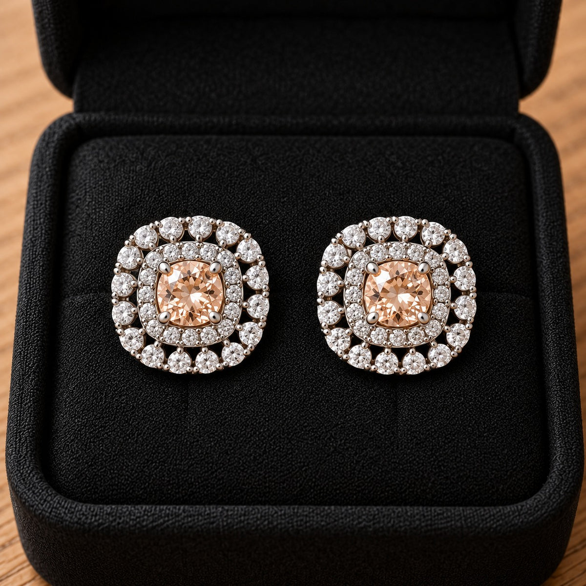 Close-up of silver-tone cushion-shaped stud earrings featuring soft champagne faceted centre stones and intricate double-halo zircon detailing.