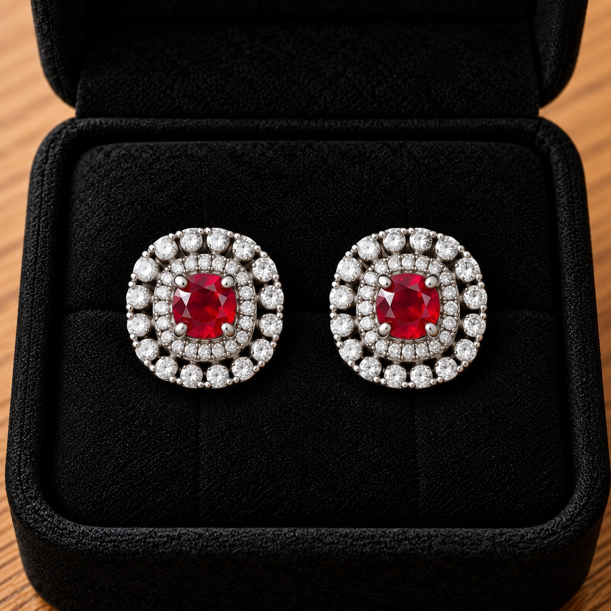 Close-up of silver-tone cushion-shaped stud earrings featuring ruby red faceted centre stones and intricate double-halo zircon detailing.