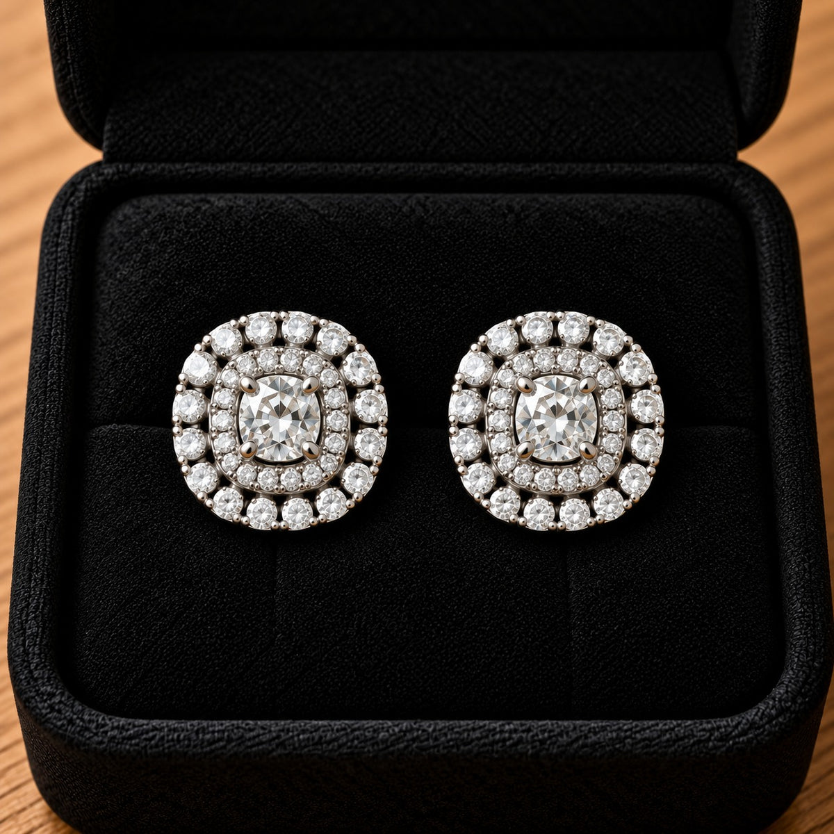 Close-up of silver-tone cushion-shaped stud earrings featuring crystal clear faceted centre stones and intricate double-halo zircon detailing.