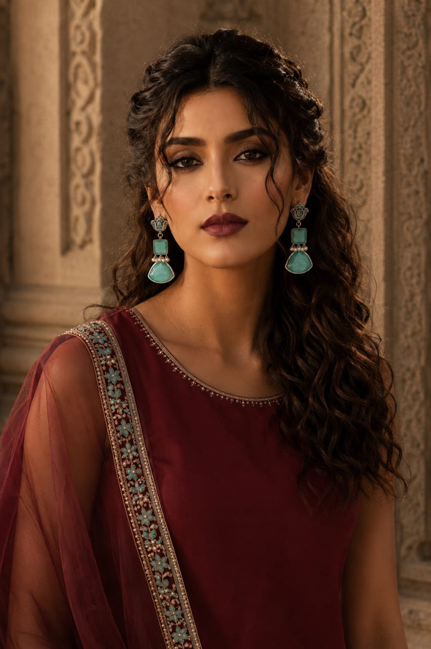 Model wearing Legacy Collection antique silver-tone mint green statement earrings with faceted stones and pearl accents.