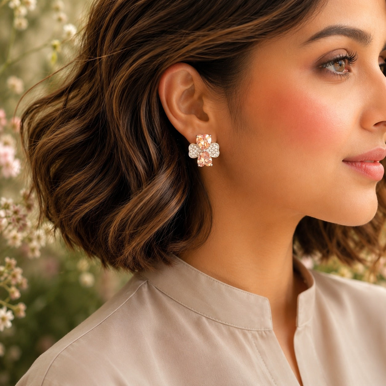 Model wearing silver crystal bow stud earrings with champagne heart-cut crystals.
