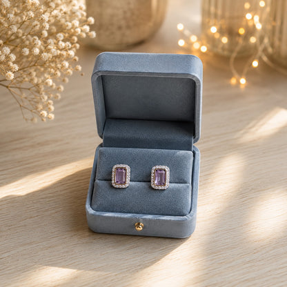 Radiant Halo Emerald-Cut Stud Earrings – Available in 6 Colours