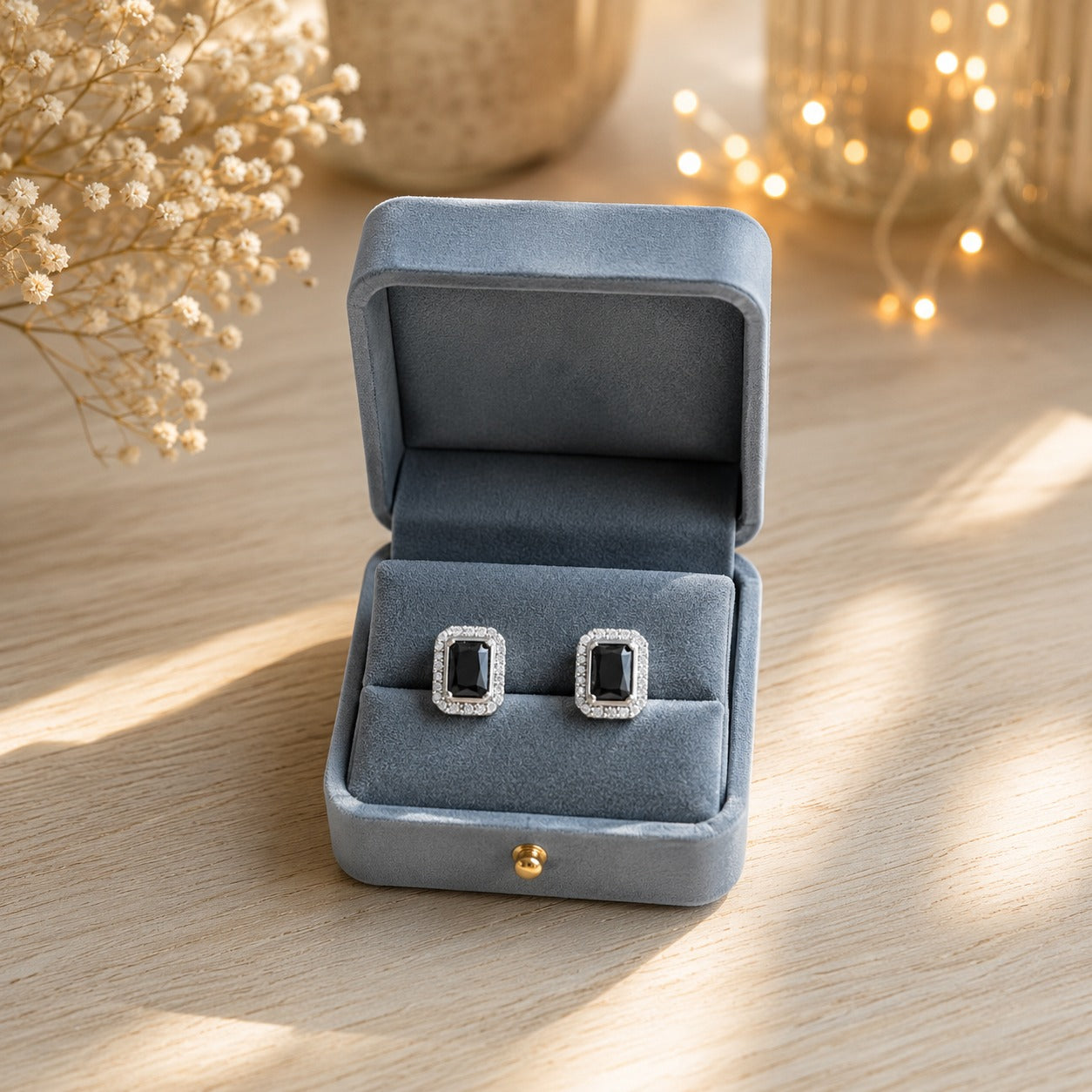 Radiant Halo Emerald-Cut Stud Earrings – Available in 6 Colours