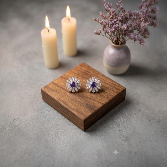 Silver Floral Crystal Stud Earrings with Purple Center Stone