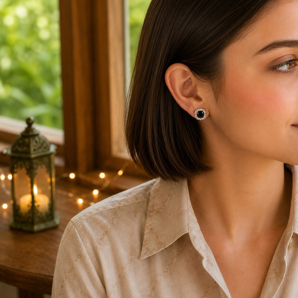 Woman wearing halo cushion-cut crystal stud earrings with a midnight black centre stone in a warm natural daylight setting