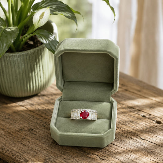 S925 sterling silver ring with a round ruby-red center stone and baguette zircon accents displayed in a soft sage green velvet octagonal ring box on a rustic wooden table beside a peace lily plant.