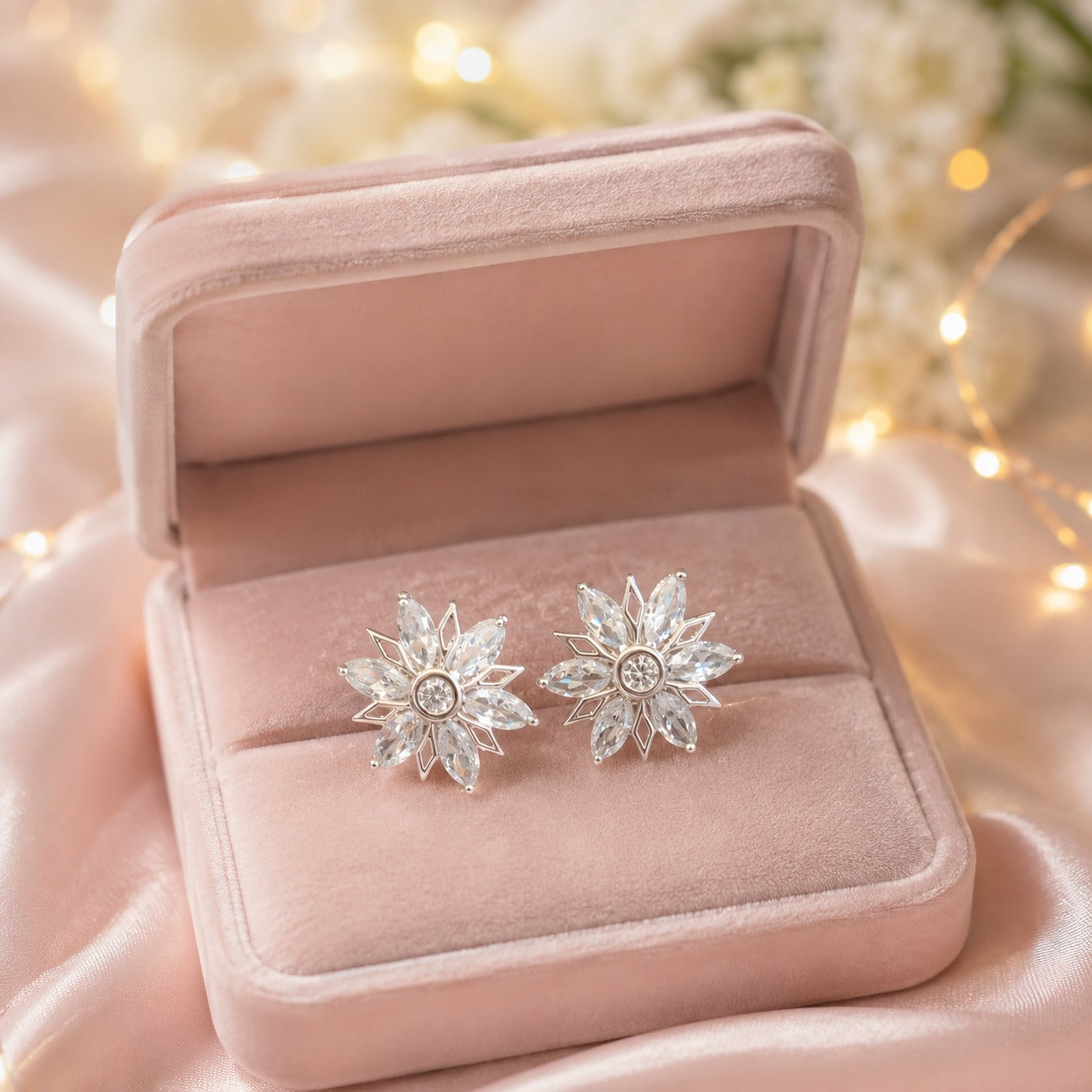 Silver floral crystal stud earrings displayed in a blush velvet jewellery box with a soft satin background.
