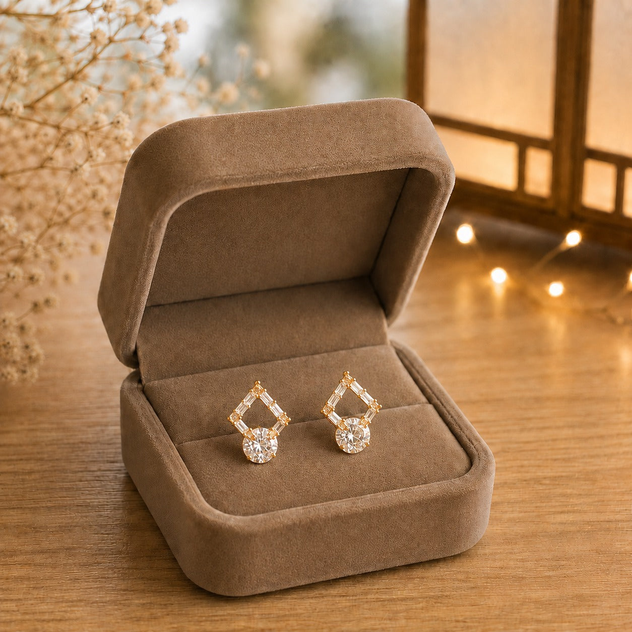 Golden geometric crystal drop earrings displayed inside a premium taupe velvet jewellery box with sparkling baguette-cut stones and brilliant round crystal  