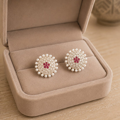 Silver tone Pearl Halo Stud Earrings with red floral centre stones, clear crystals and pearl border