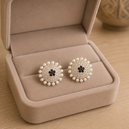 Silver-tone Pearl Halo Stud Earrings with black floral centre stones, clear crystals and pearl border