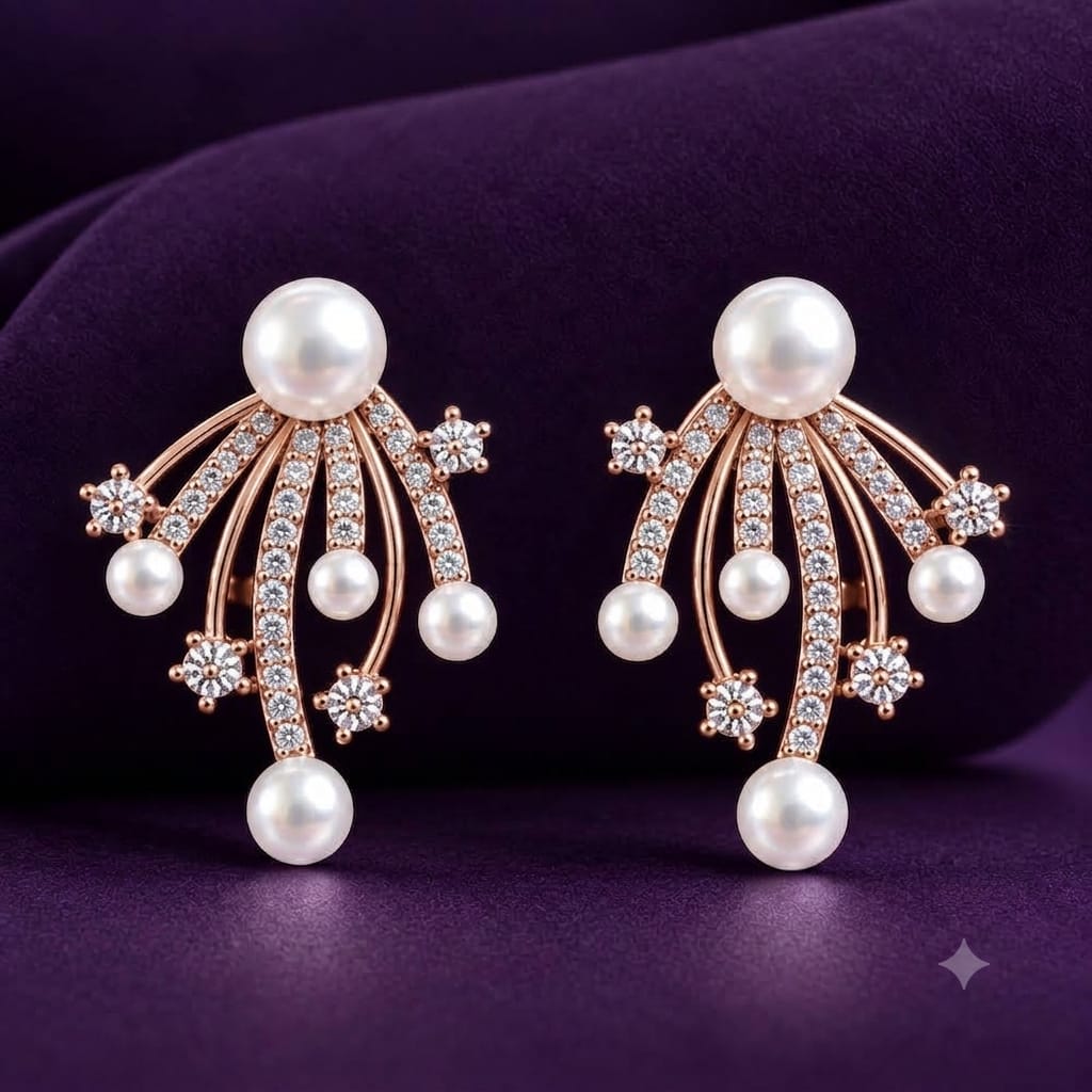  Close up of Pearl Drift Stud Earrings with white pearls, curved rose gold tone strands and delicate clear zircon accents displayed on a deep purple background.