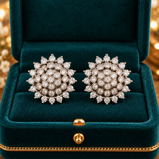  close up of Silver crystal cluster stud earrings displayed inside a premium deep teal velvet jewellery box.