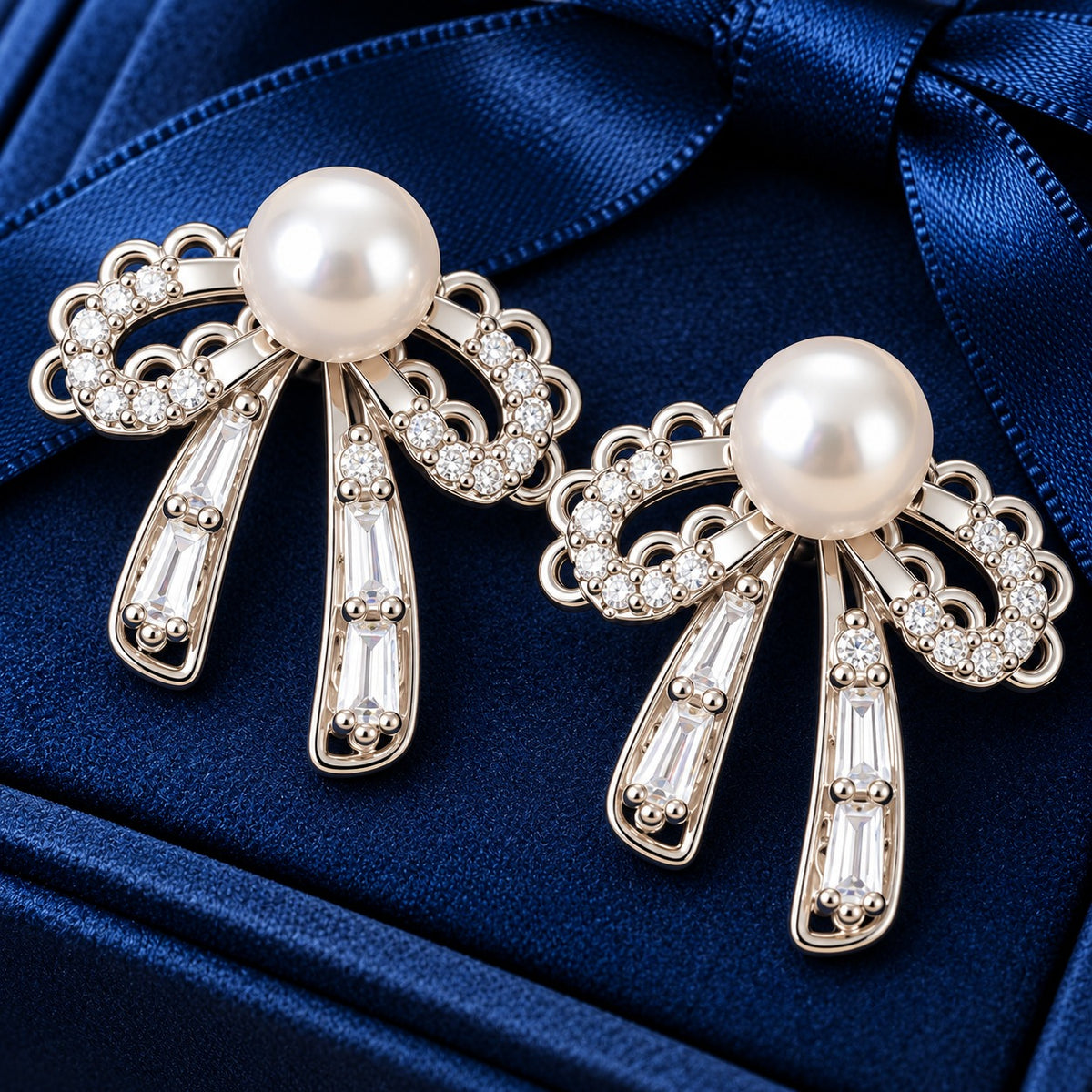 Silver-tone bow stud earrings with white pearl centres, clear zircon detailing and baguette-cut stone drops.