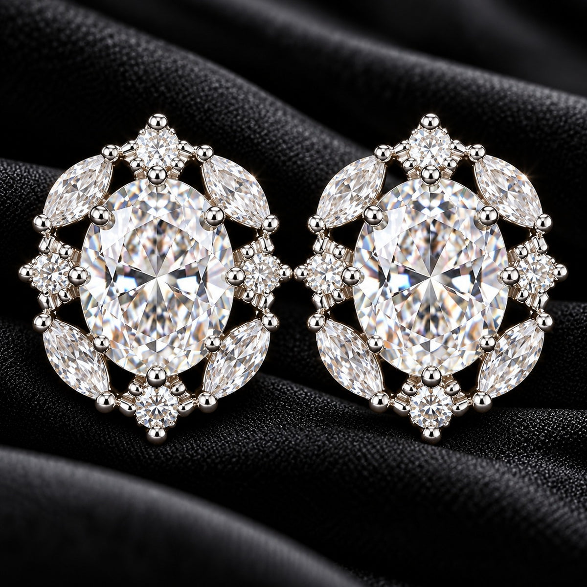 Lustre Vale S925 stud earrings with large oval clear zircon centre stones and marquise-cut zircon accents, displayed on textured black fabric.