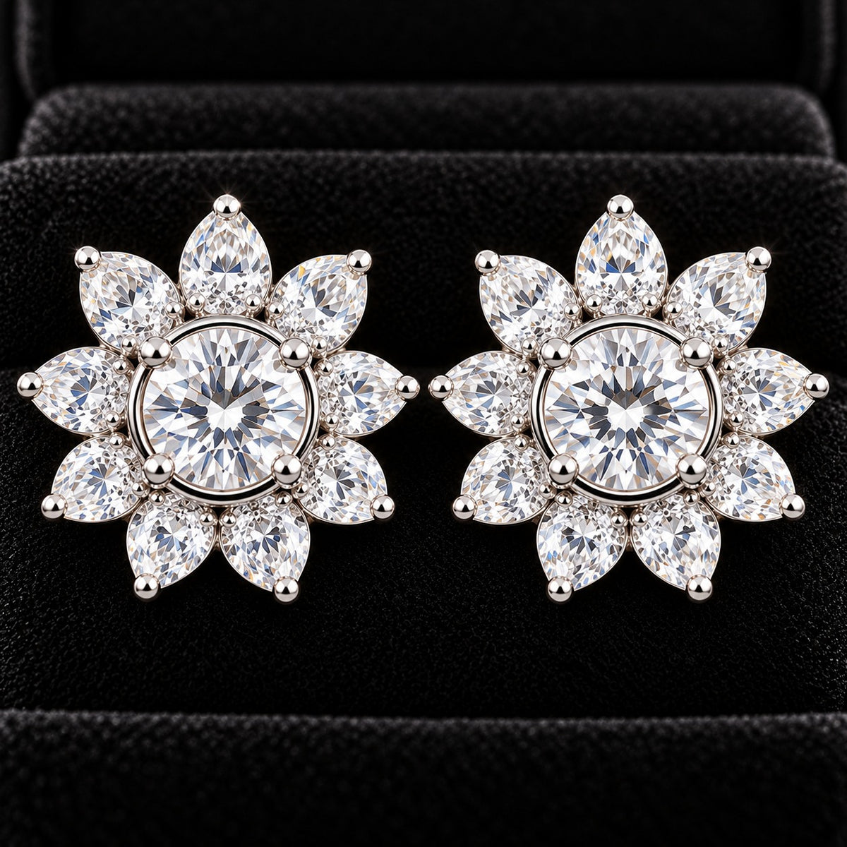  Close up of Solaris Crest Stud earrings with round clear zircon centre stones and radiating marquise-cut zircon detailing, displayed on a black jewellery surface.