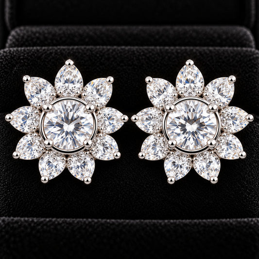  Close up of Solaris Crest Stud earrings with round clear zircon centre stones and radiating marquise-cut zircon detailing, displayed on a black jewellery surface.