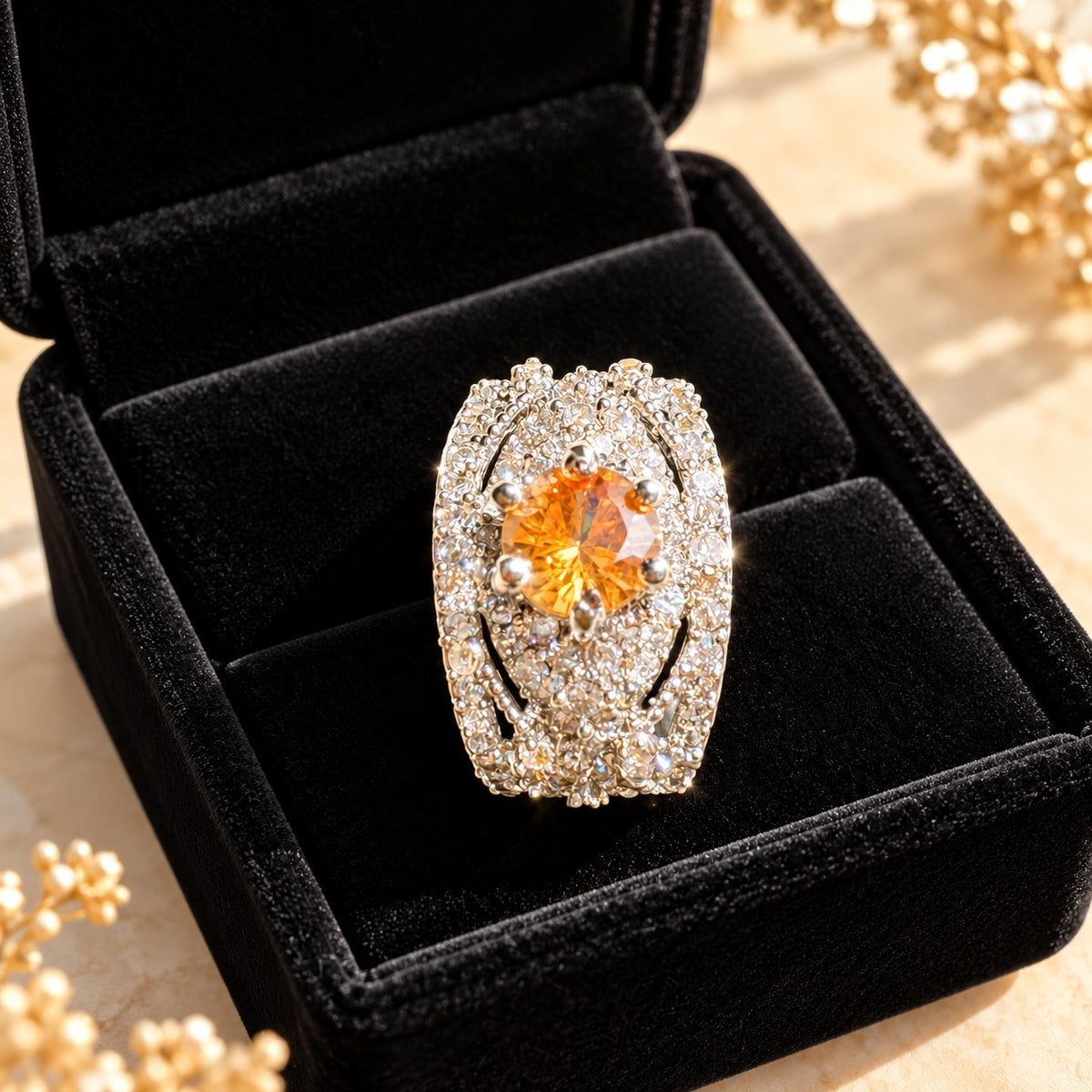Amber Empress Zircon Ring displayed in a premium black velvet jewellery box, highlighting its wide silver-tone band, intricate zircon detailing and amber-orange centre stone.
