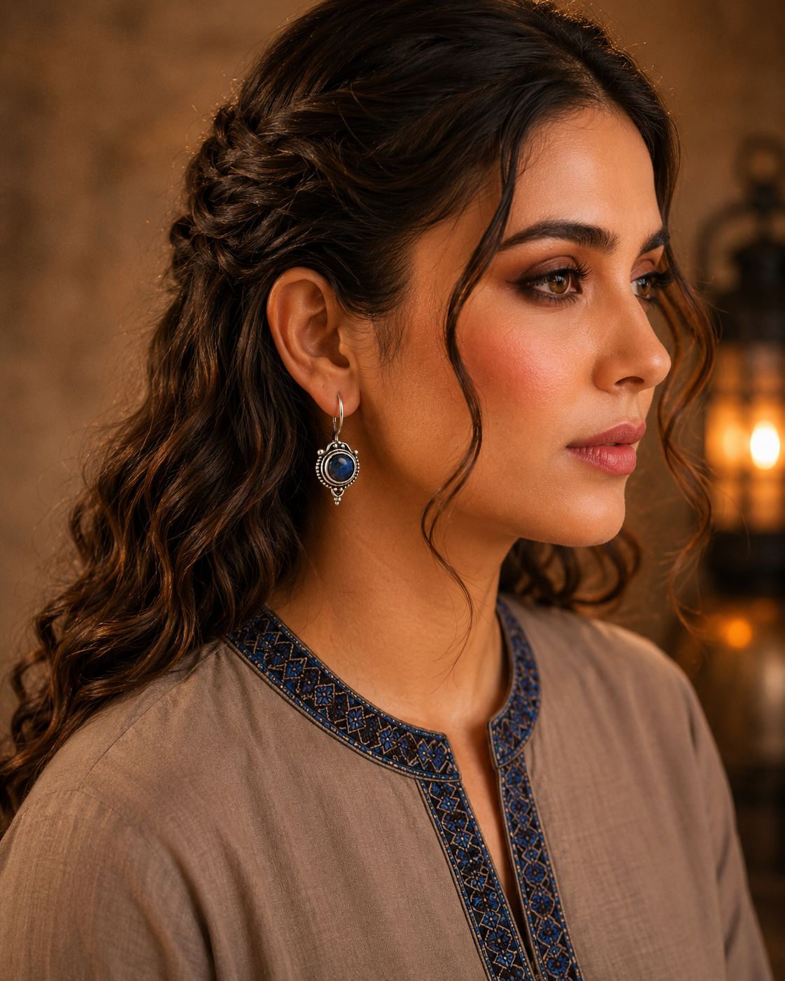 Woman wearing antique blue round gemstone drop earrings with vintage detailing and embroidered taupe kurta, side profile jewellery photography.