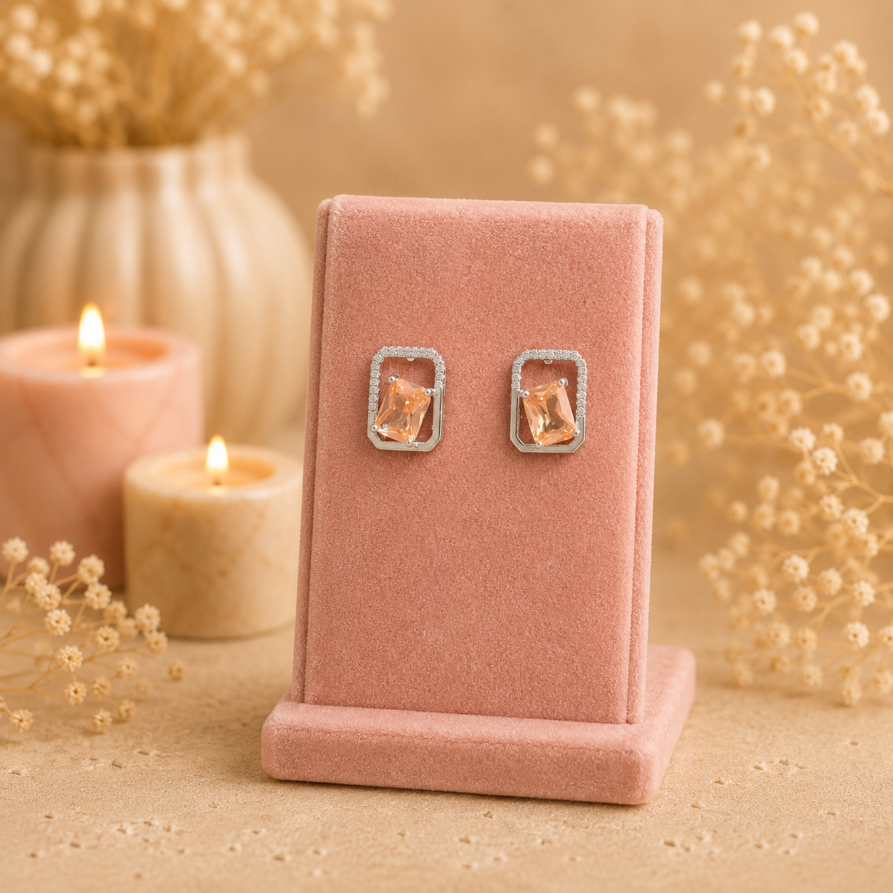 Silver geometric crystal stud earrings with rectangular faceted  champagne gemstone displayed on a premium petal pink velvet jewellery stand with a soft luxury background.