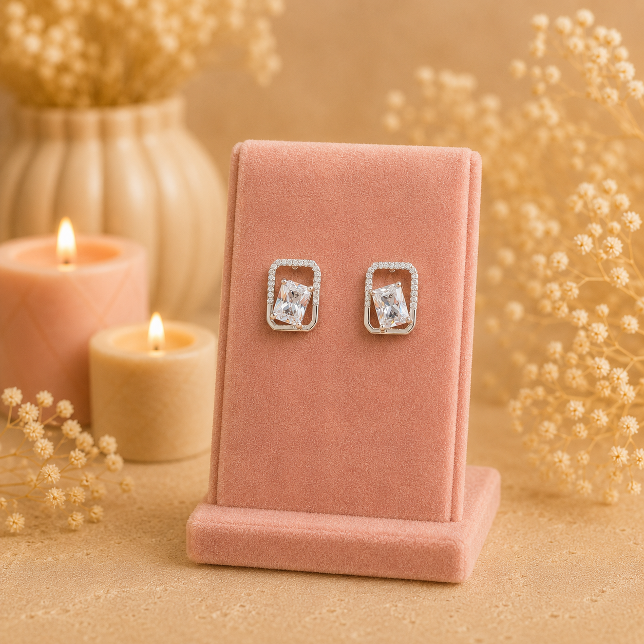 Silver geometric crystal stud earrings with rectangular faceted clear gemstone displayed on a premium petal pink velvet jewellery stand with a soft luxury background.