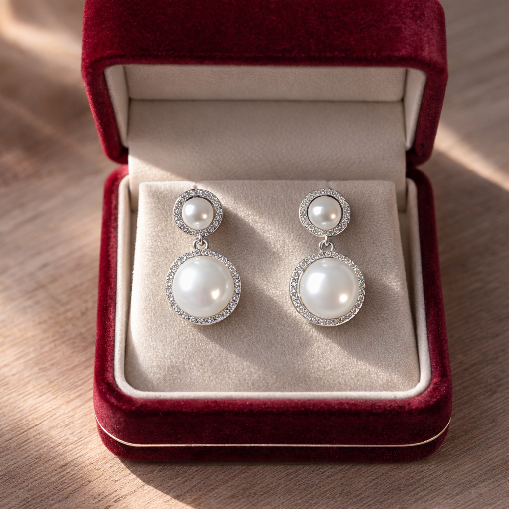 Elegant pearl drop earrings with crystal halo detailing displayed in a premium jewellery gift box