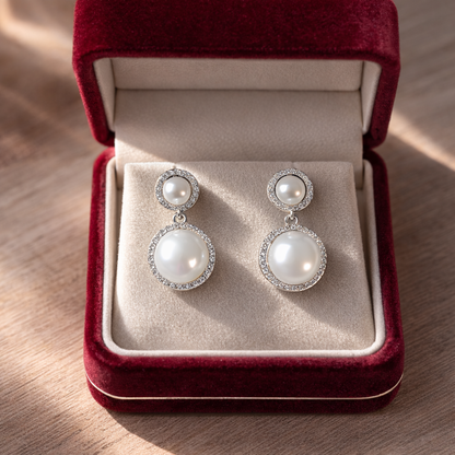 Elegant pearl drop earrings with crystal halo detailing displayed in a premium jewellery gift box