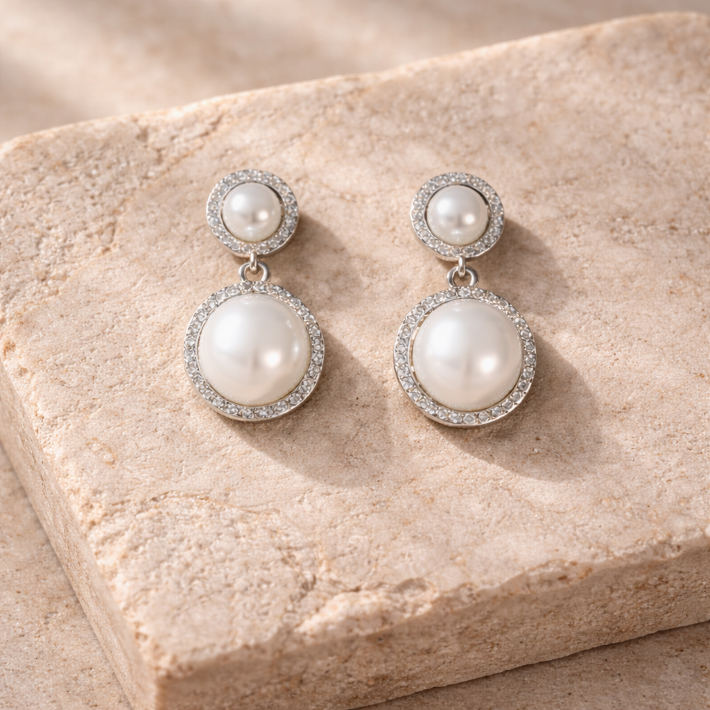 Pearl drop earrings with crystal halo detailing displayed on a neutral stone surface in high-definition product styling.