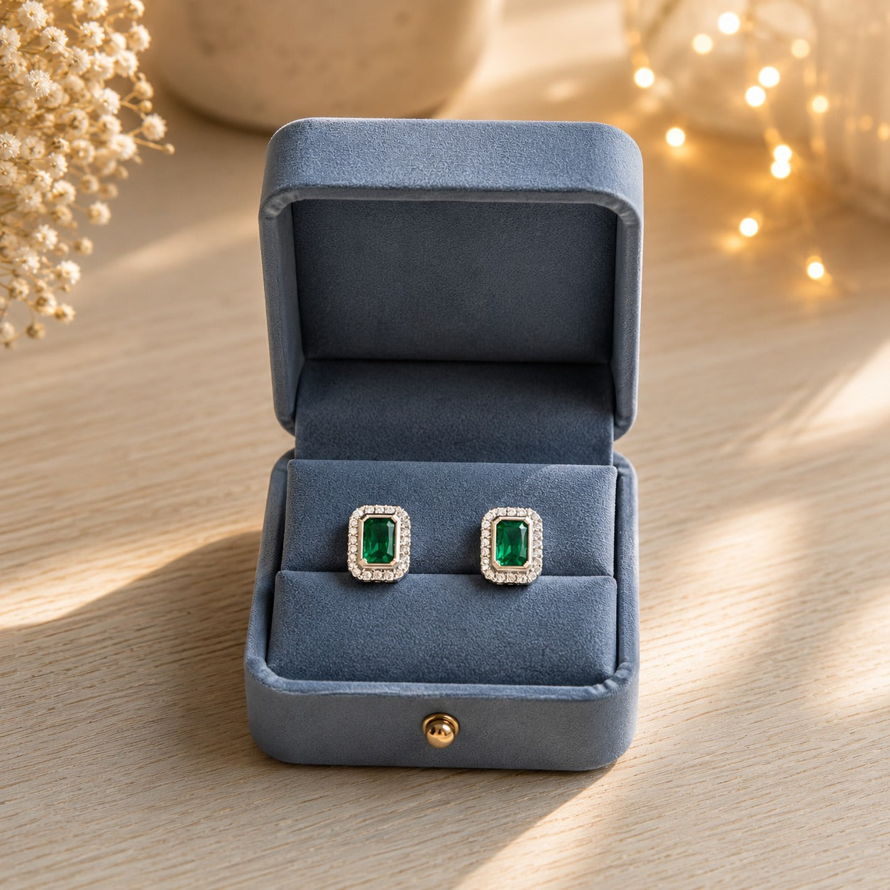 Emerald Green emerald-cut halo stud earrings displayed in a premium blue velvet jewellery box