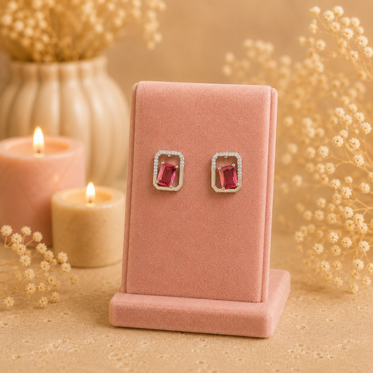 Silver geometric crystal stud earrings with rectangular faceted hot pink gemstone displayed on a premium petal pink velvet jewellery stand with a soft luxury background.