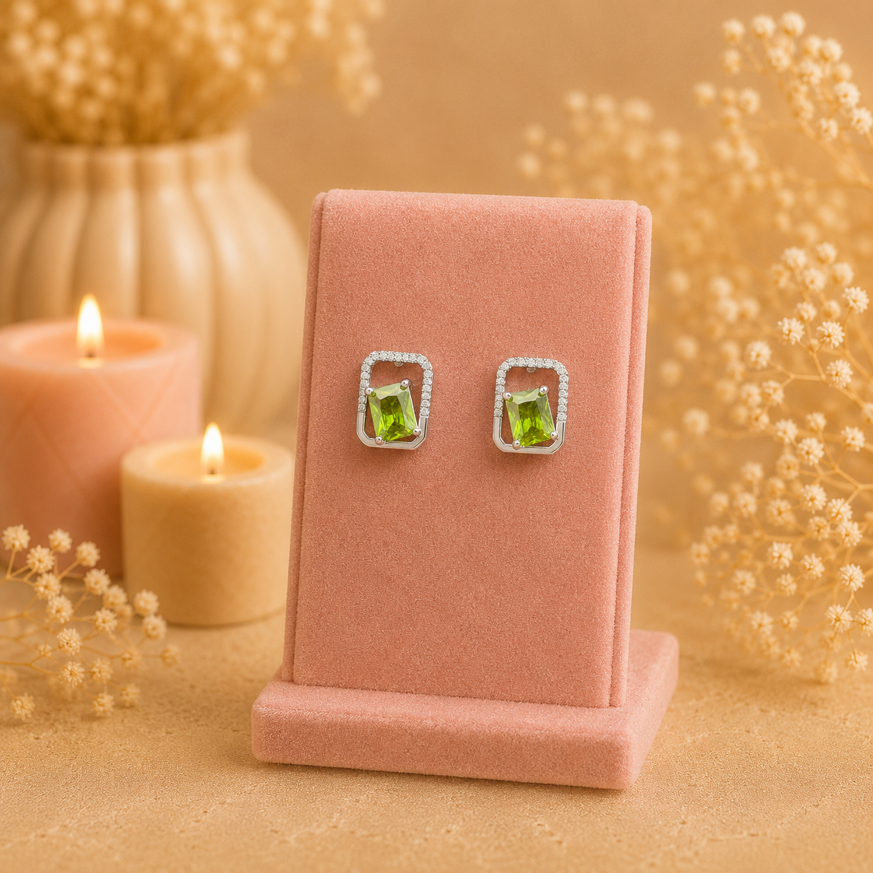Silver geometric crystal stud earrings with rectangular faceted  lime green gemstone displayed on a premium petal pink velvet jewellery stand with a soft luxury background.