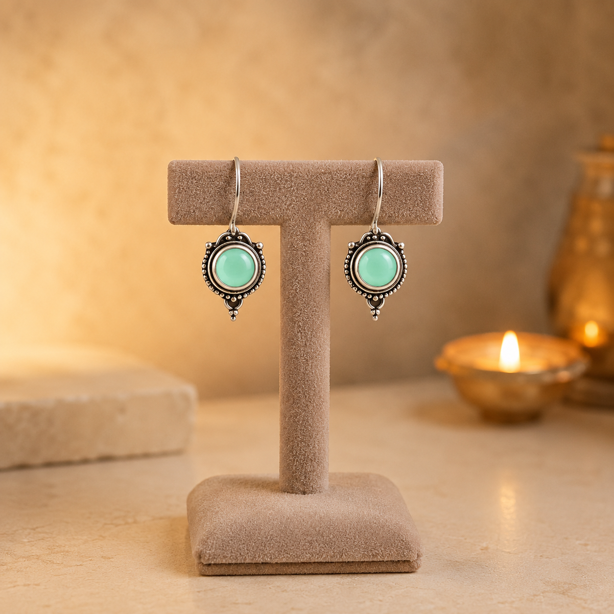 Antique silver vintage round  mint green gemstone drop earrings on beige velvet jewellery stand with polished cabochon