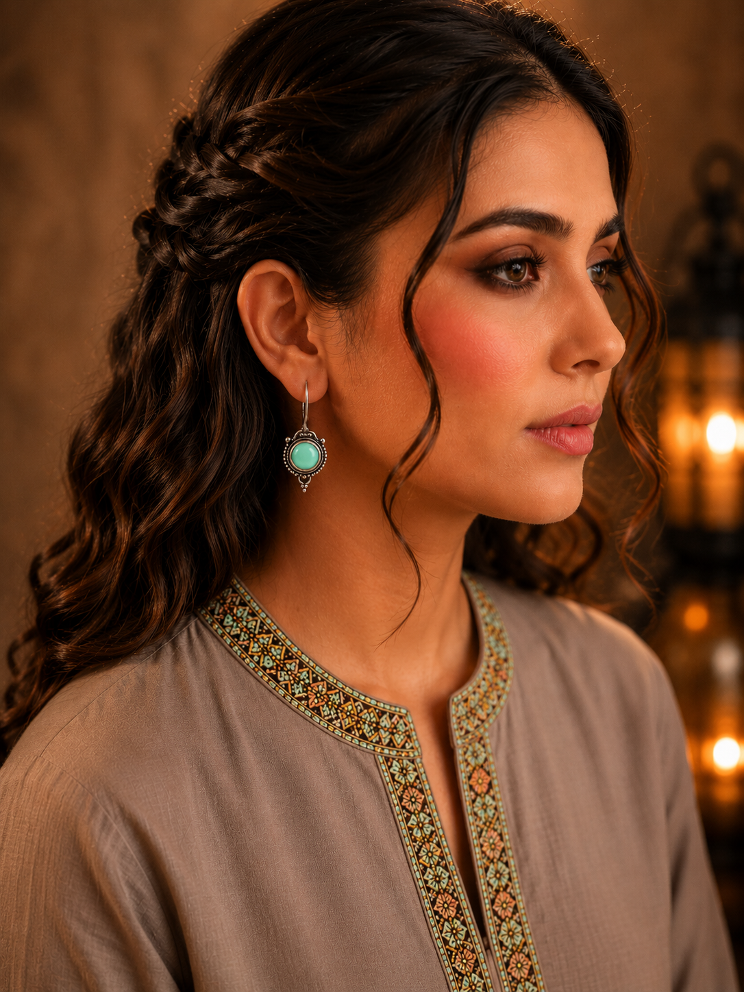 Woman wearing antique mint green round gemstone drop earrings with vintage detailing and embroidered taupe kurta, side profile jewellery photography.