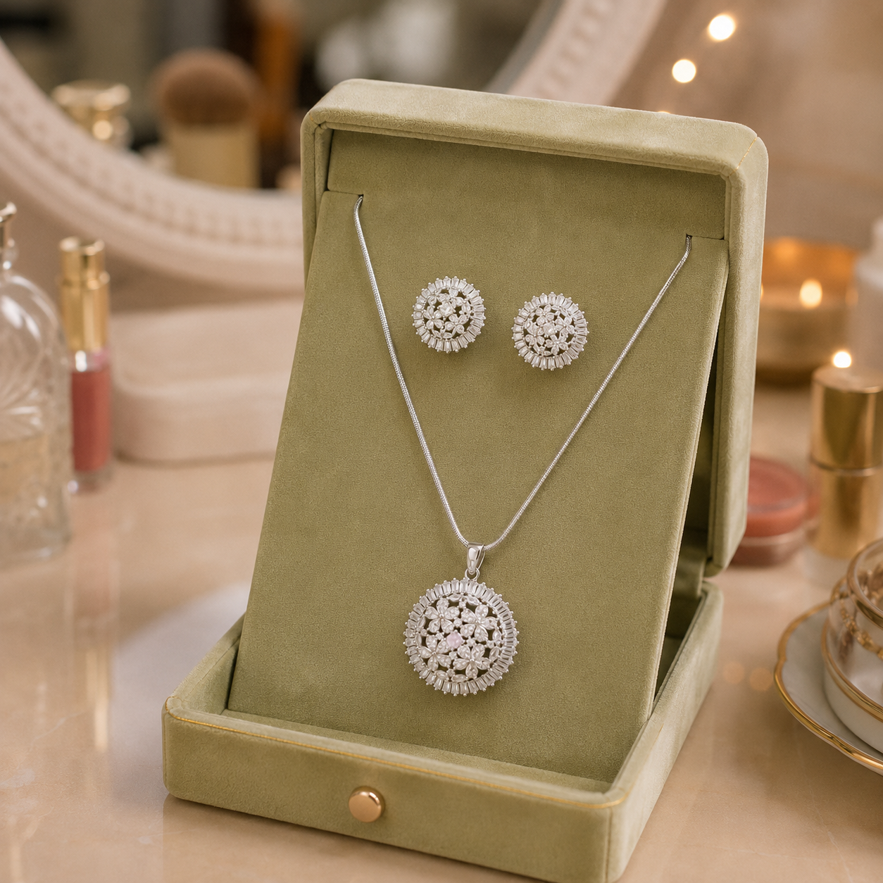 Silver floral crystal pendant necklace and matching stud earrings displayed in a premium sage green velvet jewellery box, available with crystal clear or soft pale pink center stone.
