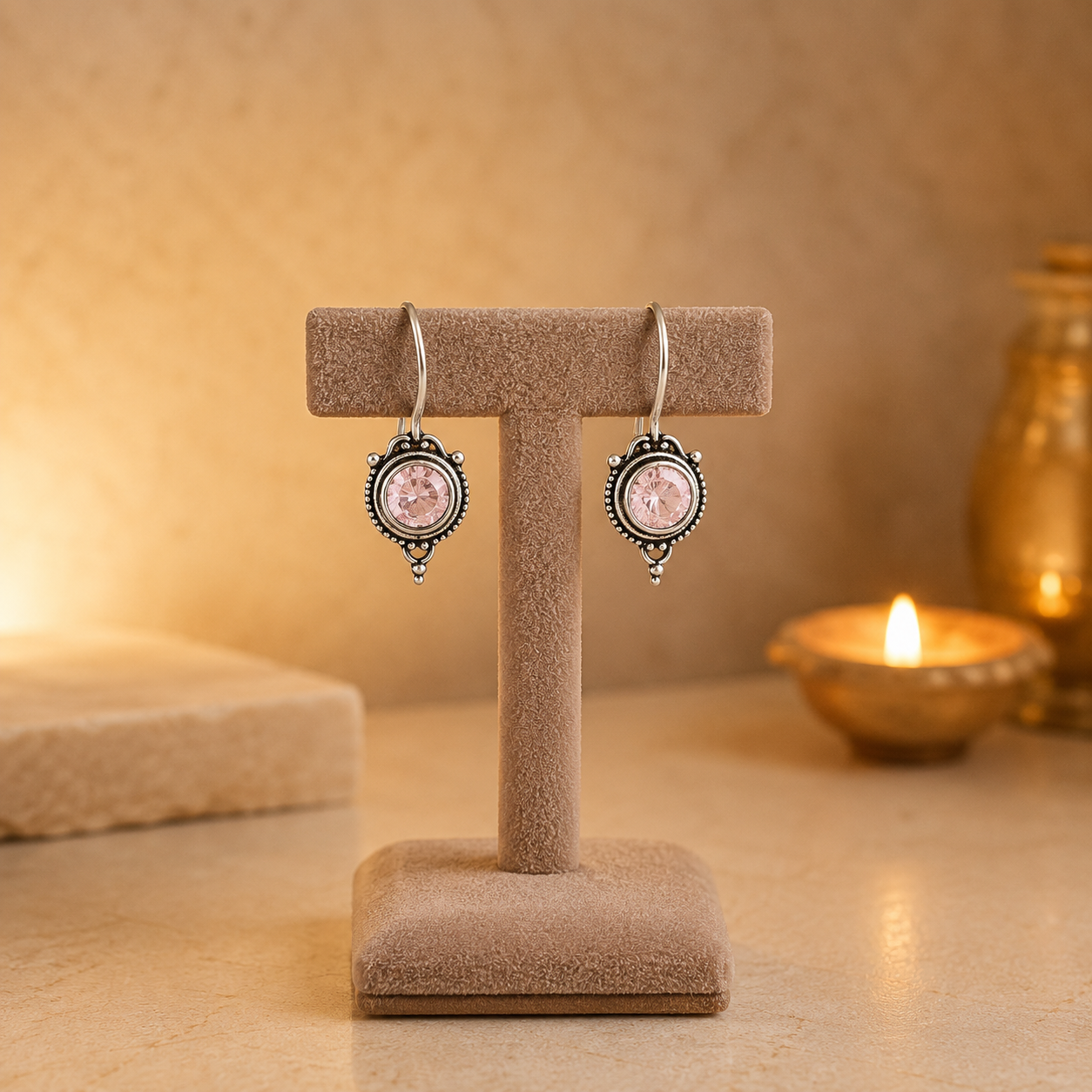 Antique silver vintage round  pink gemstone drop earrings on beige velvet jewellery stand with polished cabochon