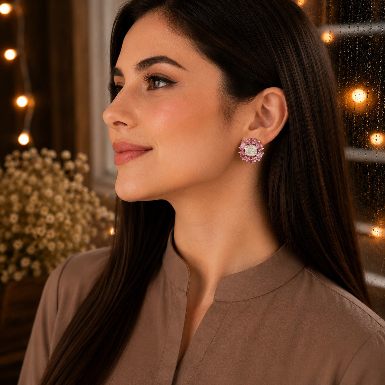 Woman wearing elegant floral pink crystal stud earrings with marquise-cut gemstone petals and a sparkling pavé center in a luxury side-profile portrait.
