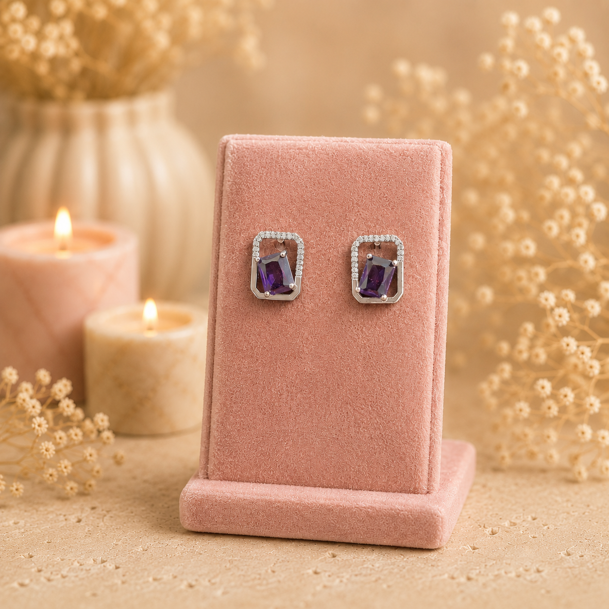 Silver geometric crystal stud earrings with rectangular faceted purple gemstone displayed on a premium petal pink velvet jewellery stand with a soft luxury background