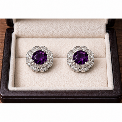 Floral Halo Crystal Stud Earrings – Silver Finish (Multi-Colour Variants)