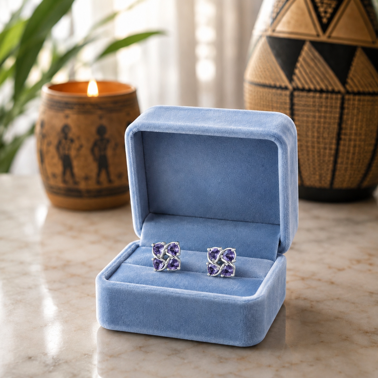 Crystal floral stud earrings displayed in a premium powder blue velvet jewellery box on a marble surface with a softly blurred luxury background.