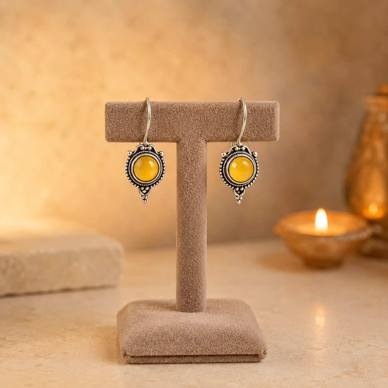 Antique silver vintage round  yellow gemstone drop earrings on beige velvet jewellery stand with polished cabochon